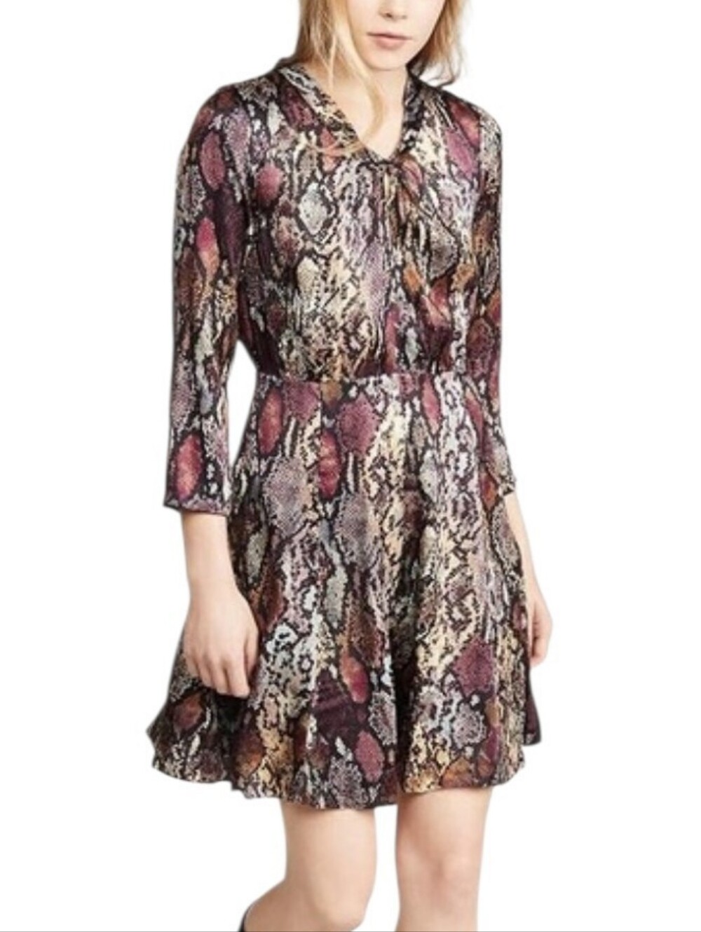 Rebecca Taylor Snake Print Dress Size 6 100% Silk Multicolor Long-Sleeve Moody